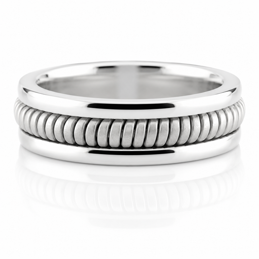 14k White Gold Sculpted Grooves Mens Band
