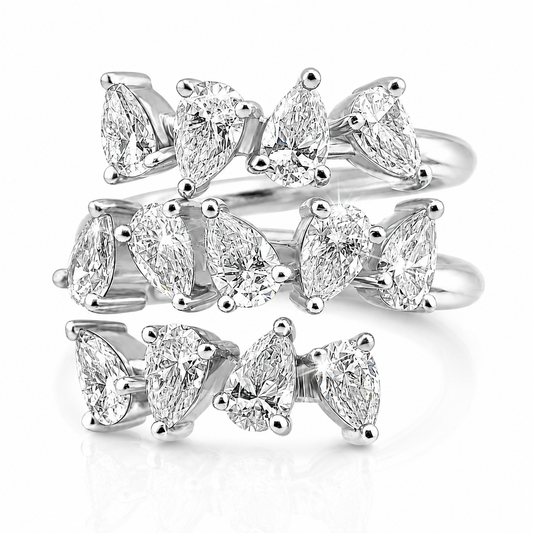 14k White Gold Alternating Lab Grown Pear Diamond Three Row Wrap Ring 3.50ctw
