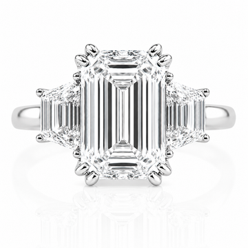 14k White Gold 3.70ctw Three Stone Lab Grown Emerald & Trapezoid Diamond Engagement Ring