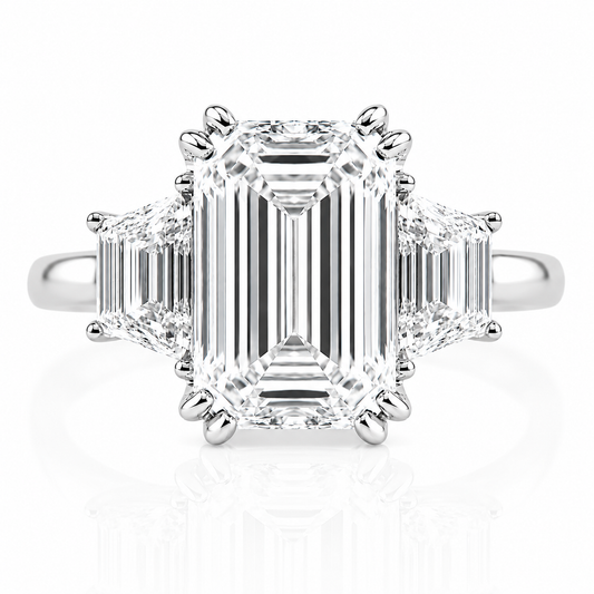 14k White Gold 3.70ctw Three Stone Lab Grown Emerald & Trapezoid Diamond Engagement Ring