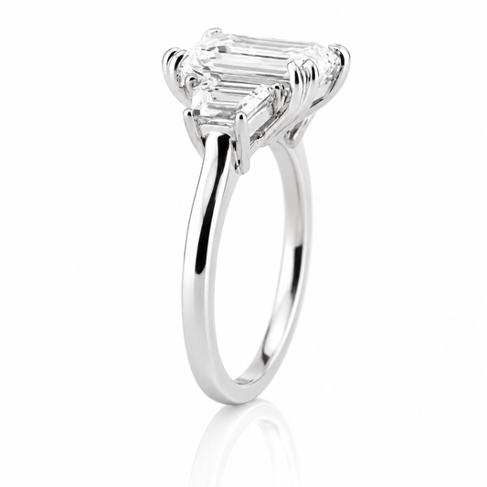 14k White Gold 3.70ctw Three Stone Lab Grown Emerald & Trapezoid Diamond Engagement Ring