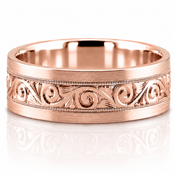 14k Rose Gold Hand Engraved Scrollwork Milgrain Detail Mens Band