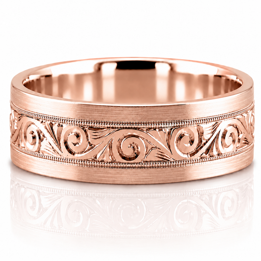 14k Rose Gold Hand Engraved Scrollwork Milgrain Detail Mens Band