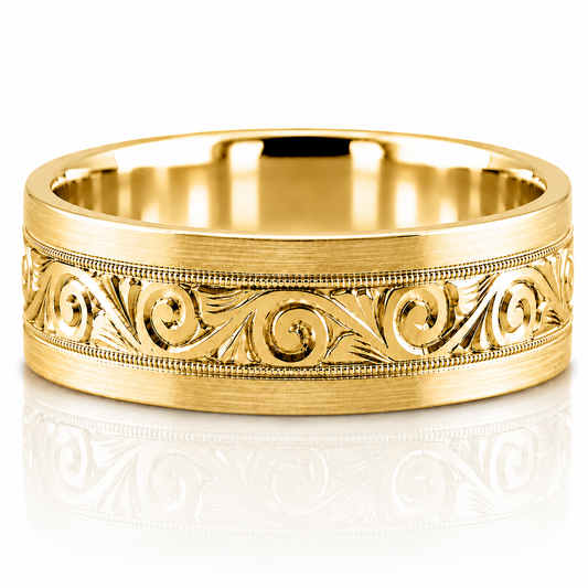 14k Yellow Gold Hand Engraved Scrollwork Milgrain Detail Mens Band
