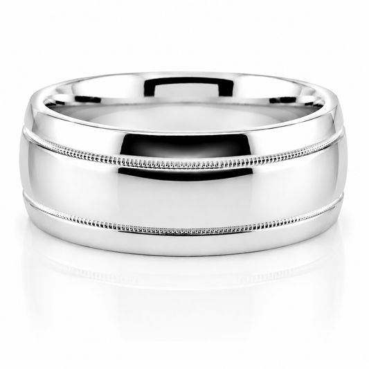14k White Gold Double Milgrain Detail Mens Band