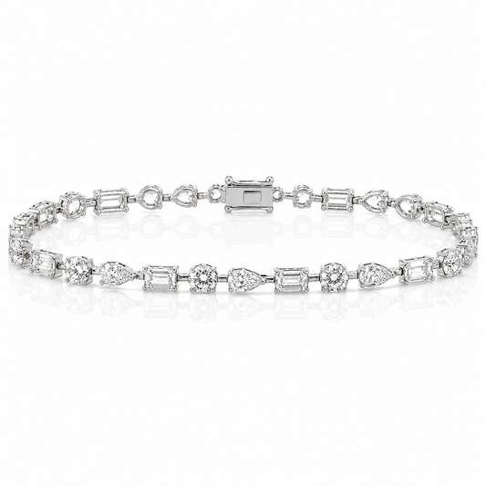 14k White Gold Lab Grown Multi Shape Emerald & Oval & Round Diamond Tennis Bracelet 7.00ctw