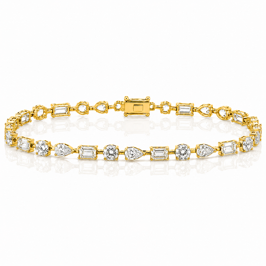 14k Yellow Gold Lab Grown Multi Shape Emerald & Oval & Round Diamond Tennis Bracelet 7.00ctw