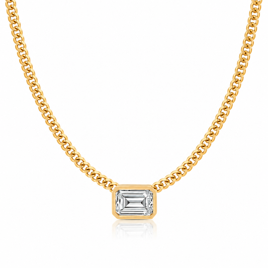 14k Yellow Gold 3.00ct Lab Grown Emerald Diamond Bezel Cuban Link Necklace