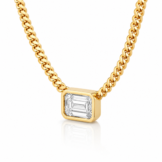 14k Yellow Gold 3.00ct Lab Grown Emerald Diamond Bezel Cuban Link Necklace