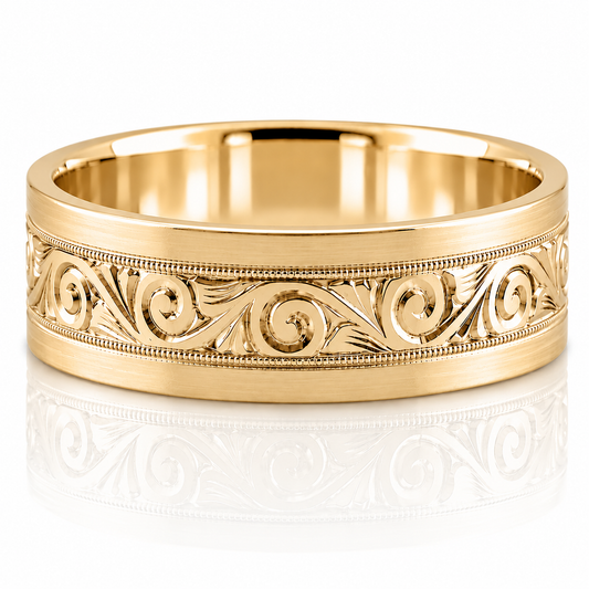 14k Yellow Gold Hand Engraved Scrollwork Mens Band 7mm