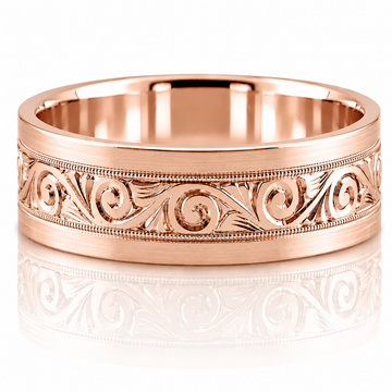 14k Rose Gold Hand Engraved Scrollwork Mens Band 7mm