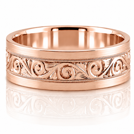 14k Rose Gold Hand Engraved Scrollwork Mens Band 7mm