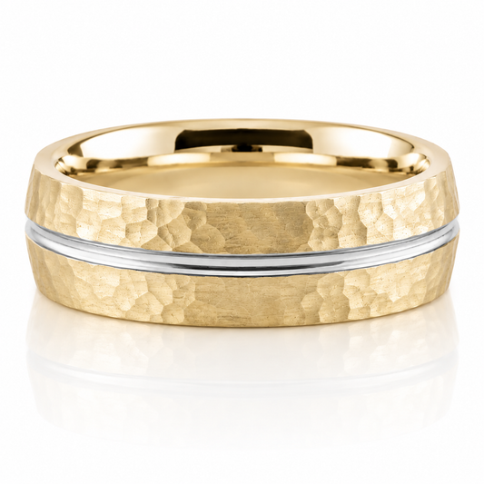 14k Yellow Gold Hammer Texture Mens Band 7mm