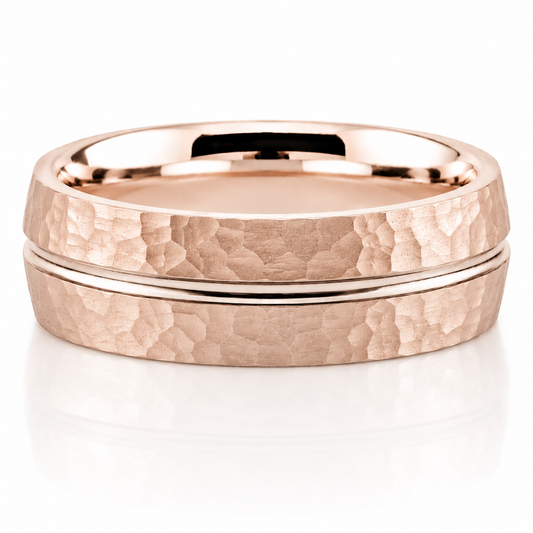 14k Rose Gold Hammer Texture Mens Band 7mm