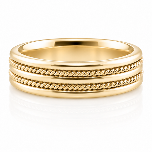 14k Yellow Gold Rope Cable Mens Band 6mm