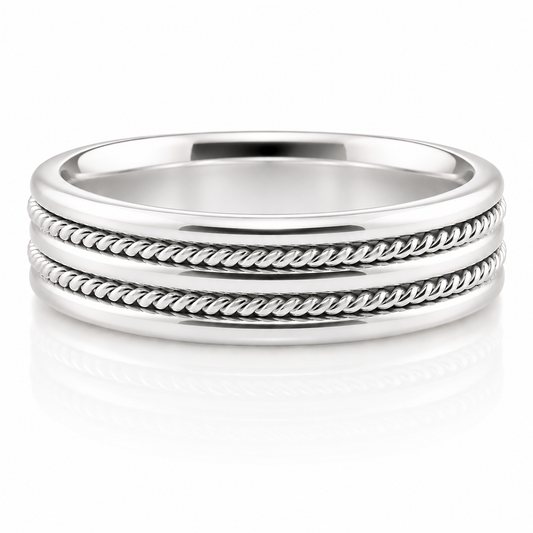14k White Gold Rope Cable Mens Band 6mm