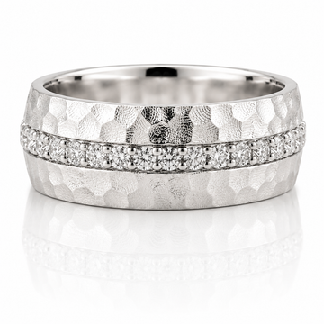 14k White Gold Hammer Texture Diamond Mens Band 8mm