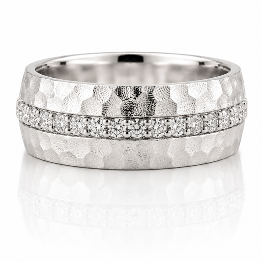 14k White Gold Hammer Texture Diamond Mens Band