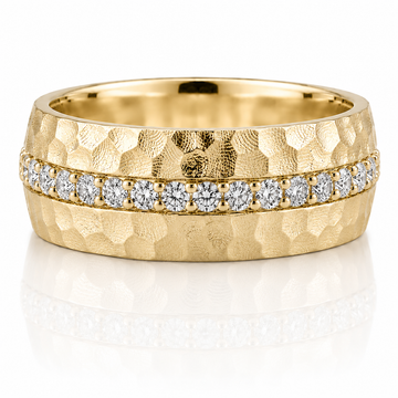 14k Yellow Gold Hammer Texture Diamond Mens Band 8mm