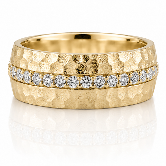 14k Yellow Gold Hammer Texture Diamond Mens Band