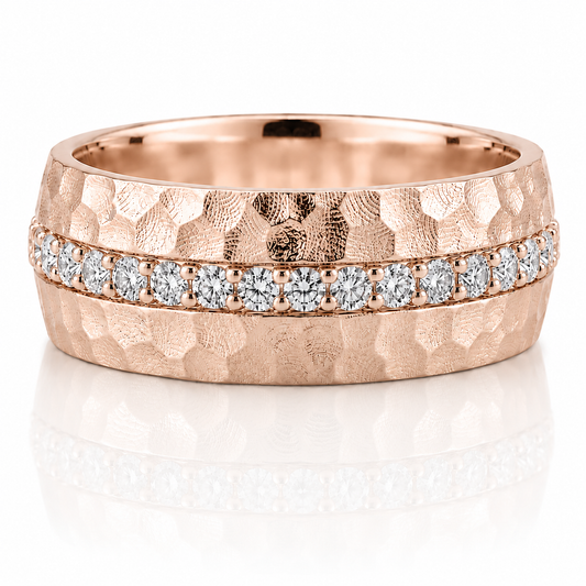 14k Rose Gold Hammer Texture Diamond Mens Band
