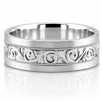 14k White Gold Hand Engraved Scrollwork Mens Band 7mm