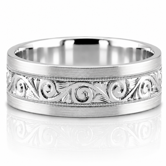 14k White Gold Hand Engraved Scrollwork Mens Band 7mm