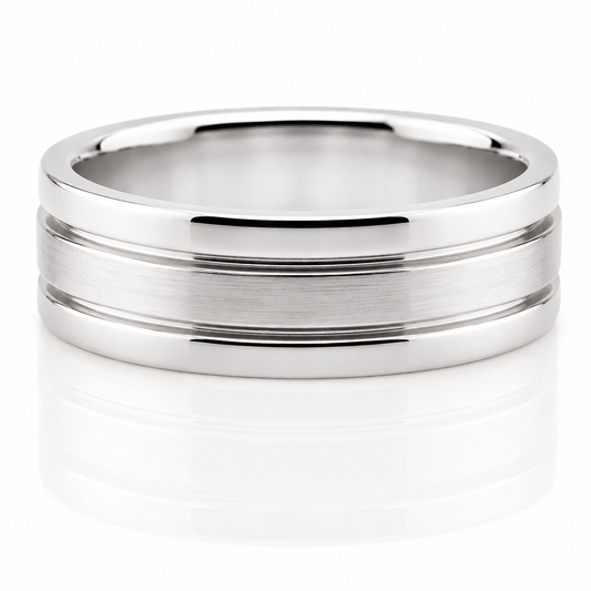 14k White Gold Double Indent Mens Band