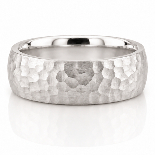 14k White Gold Hammer Texture Mens Band
