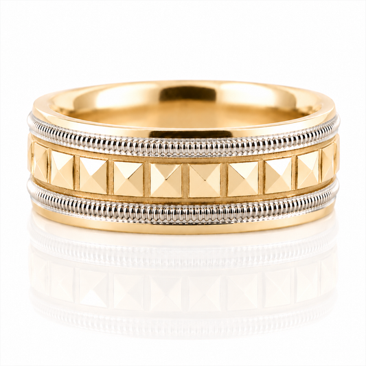 18k Two Tone Geometric Pyramid Pattern Milgrain Detail Mens Band