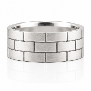 14k White Gold Carved Brick Mens Band