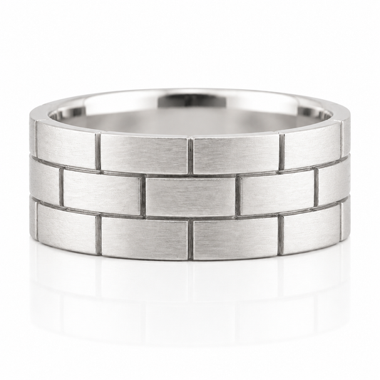18k White Gold Carved Brick Mens Band