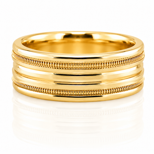 14k Yellow Gold Double Milgrain Detail Mens Band