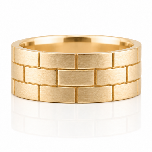 18k Yellow Gold Carved Brick Mens Band