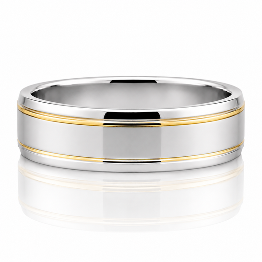 14k White & Yellow Gold Two Tone Beveled Edge High Polish Finish Mens Band