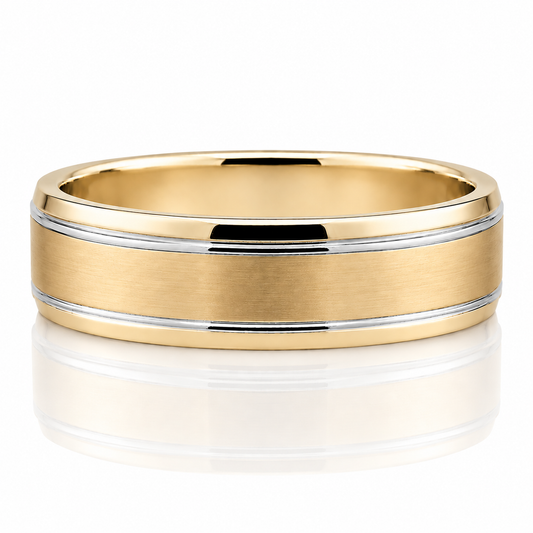 14k Yellow & White Gold Two Tone Beveled Edge Brushed Satin Finish Mens Band