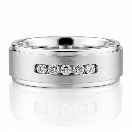 14k White Gold Brushed Finish Diamond Mens Band