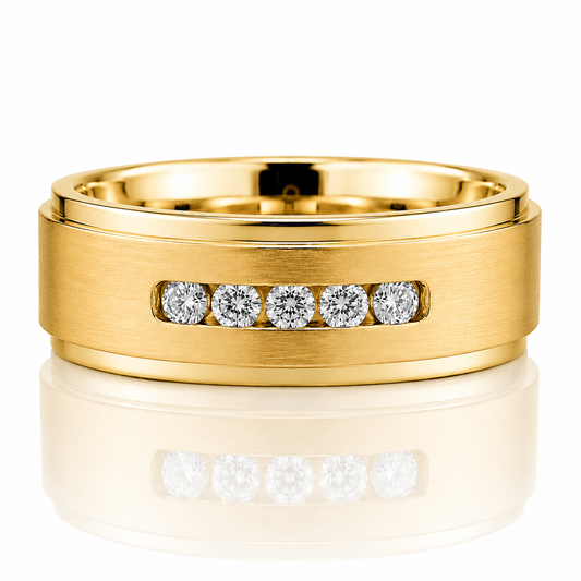 14k Yellow Gold Brushed Finish Diamond Mens Band