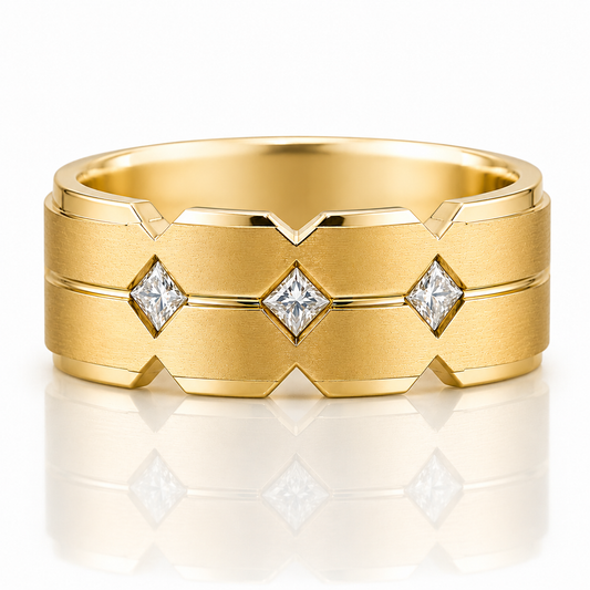 14k Yellow Gold Brushed Geometric Architectural Design Diamond Mens Band