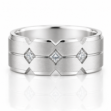 14k White Gold Brushed Geometric Architectural Design Diamond Mens Band