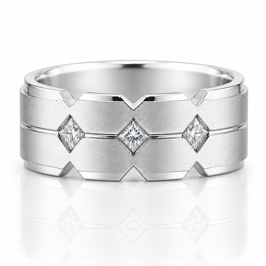 14k White Gold Brushed Geometric Architectural Design Diamond Mens Band