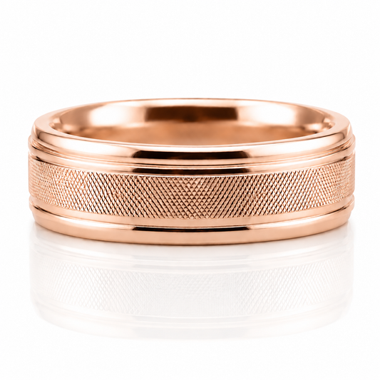 14k Rose Gold Textured High Polish Finish Mens Band