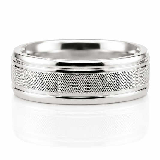 14k White Gold Textured High Polish Finish Mens Band