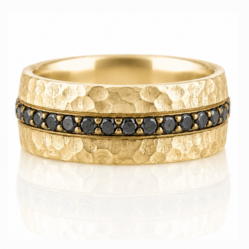 14k Yellow Gold Hammer Texture Black Diamond Mens Band