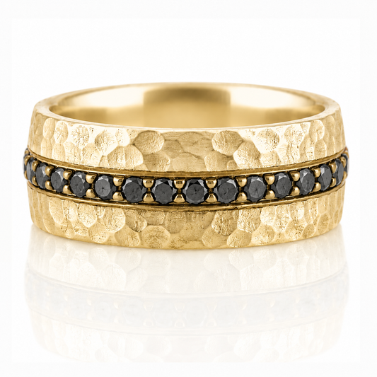 14k Yellow Gold Hammer Texture Black Diamond Mens Band