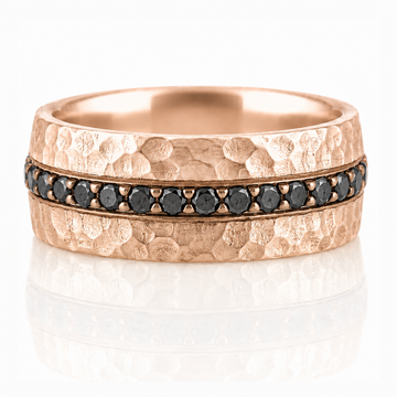 14k Rose Gold Hammer Texture Black Diamond Mens Band
