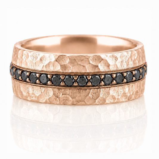 14k Rose Gold Hammer Texture Black Diamond Mens Band