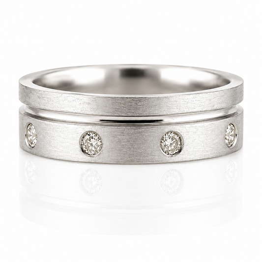 14k White Gold Brushed Finish Diamond Mens Band