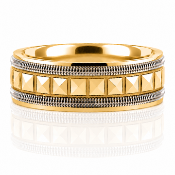 14k Yellow & White Gold Two Tone Geometric Pyramid Pattern Milgrain Detail Mens Band