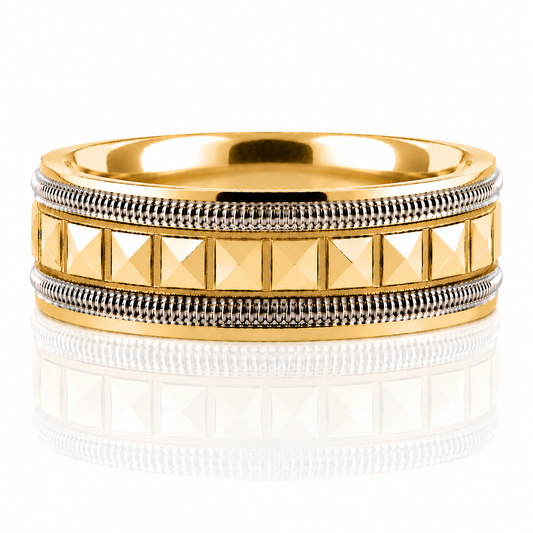14k Two Tone Geometric Pyramid Pattern Milgrain Detail Mens Band